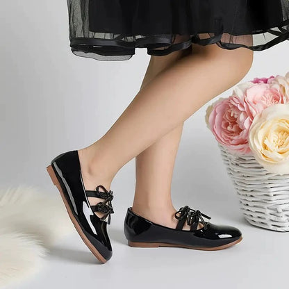 Girls Mary Jane Dress Shoes – Shiny Black Patent Leather Flats with Crisscross Bow, Cute Princess Shoes for Toddler & Little Kids