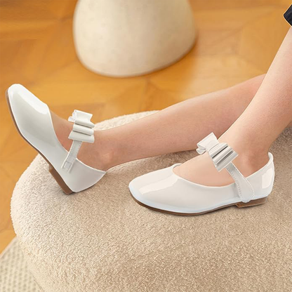 Girls Mary Jane Shoes – White Patent Leather Dress Flats with Bow Accent and Pink Lining, Cute School Party Shoes for Little Girls
