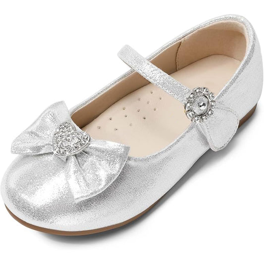 Girls Mary Jane Party Shoes – Silver Sparkly Dress Flats with Rhinestone Heart Bow, Shiny Princess Shoes with Buckle Strap for Toddler & Little Kids