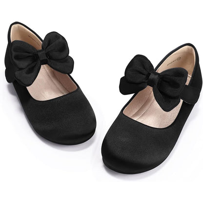 Girls Mary Jane Shoes – Black Flats with Large Bow and Strap, Cute Dress Shoes for School, Party, Daily Wear