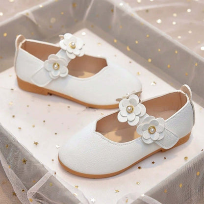 Girls Mary Jane Dress Shoes White Leather Flats with Pearl Flower Strap – Toddler/Little Kids Party Wedding Birthday Princess Shoes