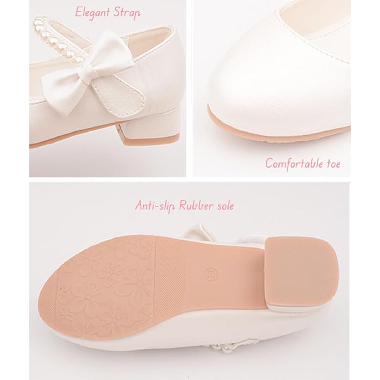 Girls Princess Mary Jane Shoes – White Pearl Strap Dress Shoes with Bow, Low Heel Party Wedding Shoes for Kids