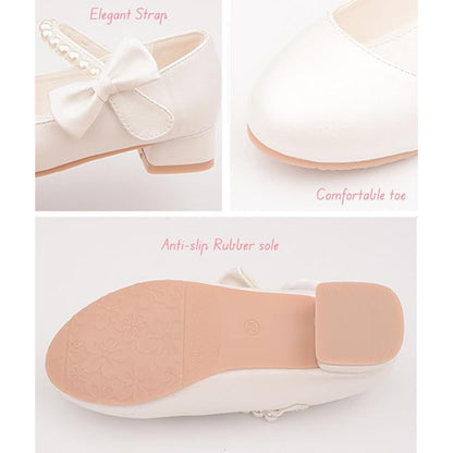 Girls Princess Mary Jane Shoes – White Pearl Strap Dress Shoes with Bow, Low Heel Party Wedding Shoes for Kids