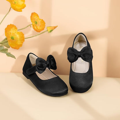 Girls Mary Jane Shoes – Black Flats with Large Bow and Strap, Cute Dress Shoes for School, Party, Daily Wear