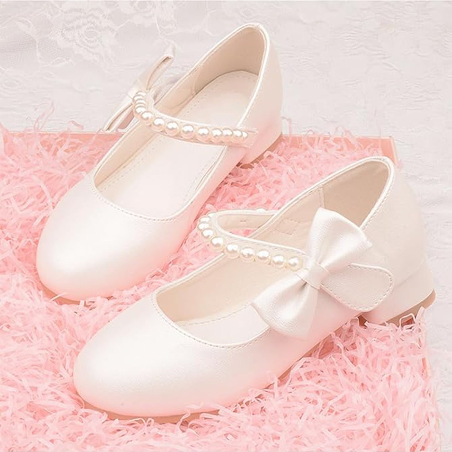 Girls Princess Mary Jane Shoes – White Pearl Strap Dress Shoes with Bow, Low Heel Party Wedding Shoes for Kids