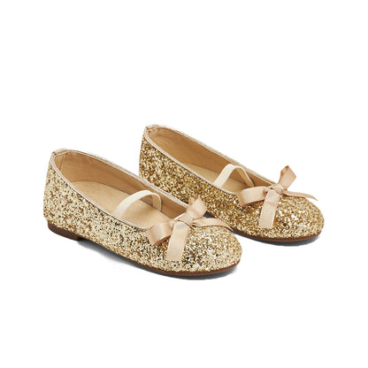 Girls Mary Jane Shoes – Gold Sequin Dress Flats with Bow, Sparkly Princess Party Shoes with Elastic Strap for Weddings, Performances, and Special Occasions