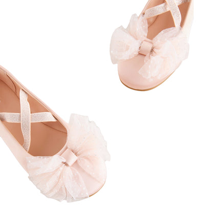 Girls Mary Jane Shoes – Pink Suede Flats with Mesh Bow and Glitter, Cross Strap Princess Dress Shoes for Parties, Gatherings, and Daily Wear