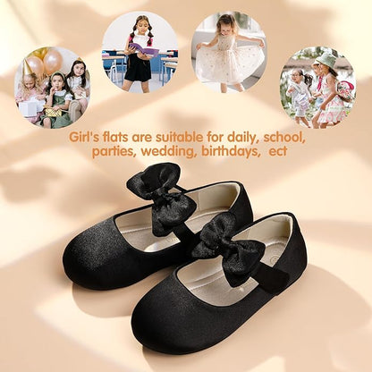 Girls Mary Jane Shoes – Black Flats with Large Bow and Strap, Cute Dress Shoes for School, Party, Daily Wear