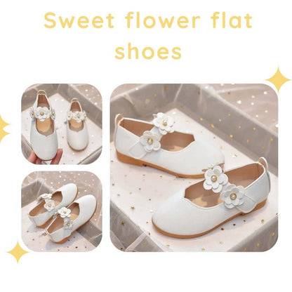 Girls Mary Jane Dress Shoes White Leather Flats with Pearl Flower Strap – Toddler/Little Kids Party Wedding Birthday Princess Shoes