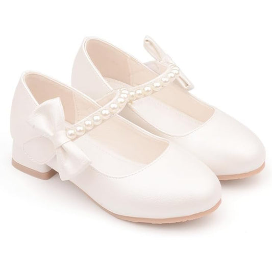 Girls Princess Mary Jane Shoes – White Pearl Strap Dress Shoes with Bow, Low Heel Party Wedding Shoes for Kids