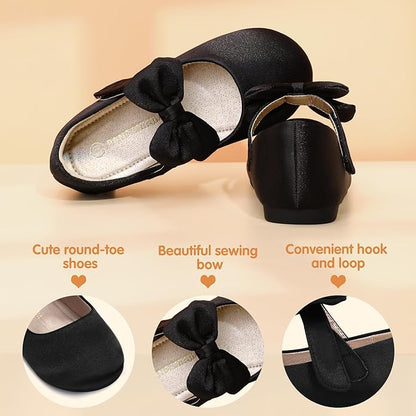 Girls Mary Jane Shoes – Black Flats with Large Bow and Strap, Cute Dress Shoes for School, Party, Daily Wear
