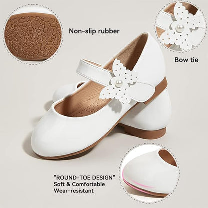 Girls Mary Jane Shoes – White Patent Leather Dress Shoes with Butterfly Pearl Decoration, Low Heel Princess Flats for Party, Daily Wear