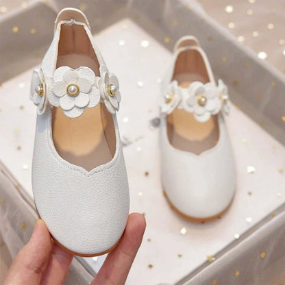 Girls Mary Jane Dress Shoes White Leather Flats with Pearl Flower Strap – Toddler/Little Kids Party Wedding Birthday Princess Shoes