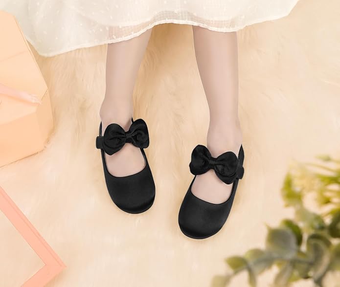 Girls Mary Jane Shoes – Black Flats with Large Bow and Strap, Cute Dress Shoes for School, Party, Daily Wear