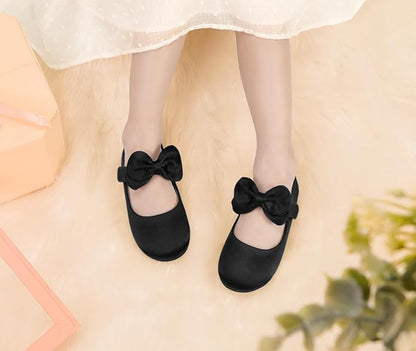 Girls Mary Jane Shoes – Black Flats with Large Bow and Strap, Cute Dress Shoes for School, Party, Daily Wear
