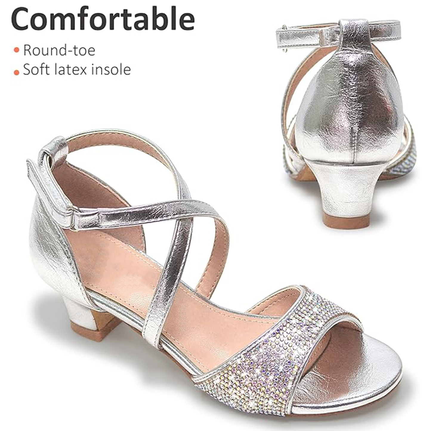 Girls Silver High Heel Sandals – Sparkly Rhinestone Dress Shoes with Cross Straps, Chunky Mid Heel Party Wedding Shoes for Kids