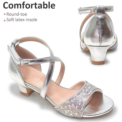 Girls Silver High Heel Sandals – Sparkly Rhinestone Dress Shoes with Cross Straps, Chunky Mid Heel Party Wedding Shoes for Kids