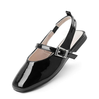 Girls Mary Jane Slingback Shoes – White Patent Leather Dress Flats with Buckle Strap, Cute Summer Shoes for School, Party, Daily Wear