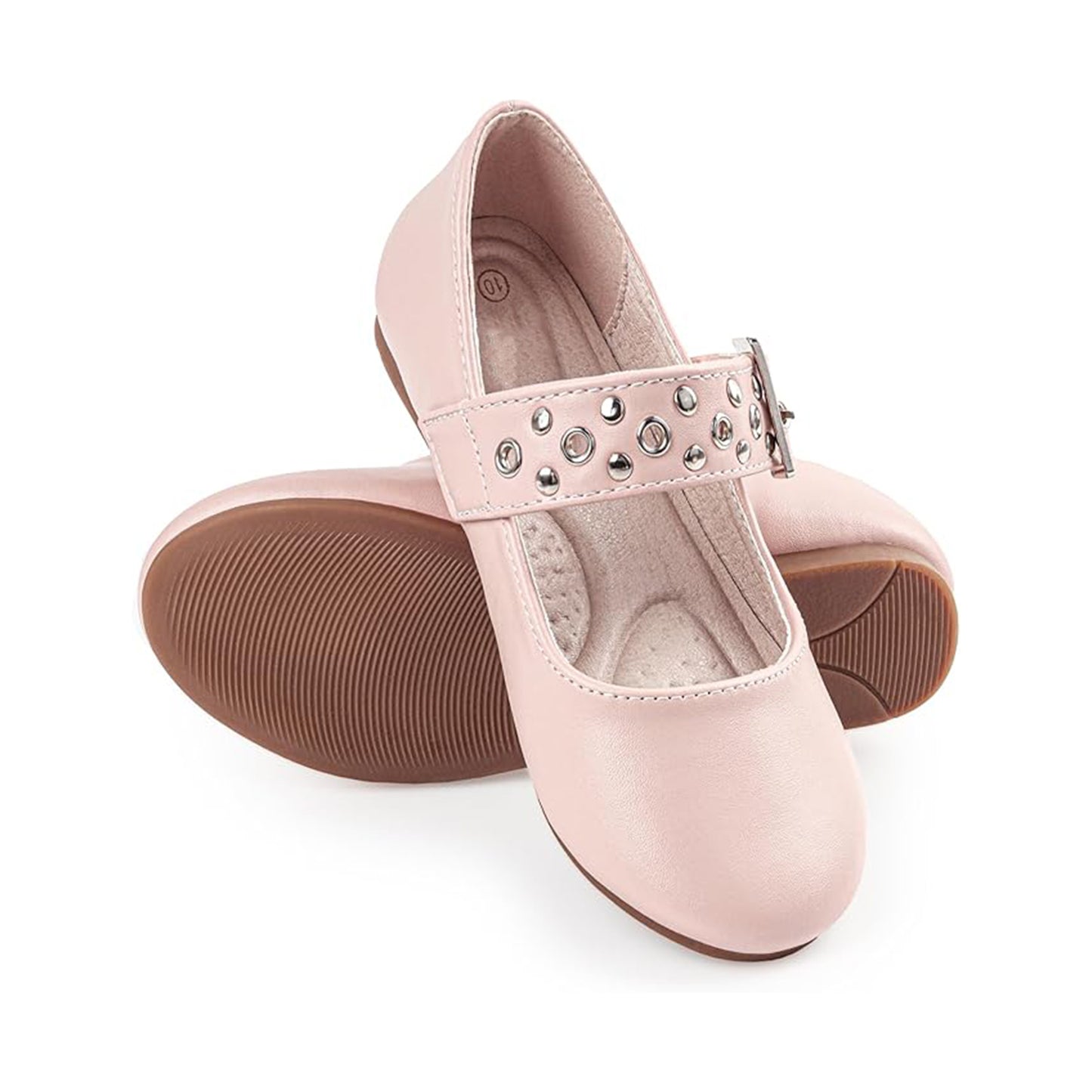 Girls Mary Jane Shoes – Pink Leather Flats with Metal Buckle & Studded Design, Cute Dress Shoes for Daily Wear, School, Party