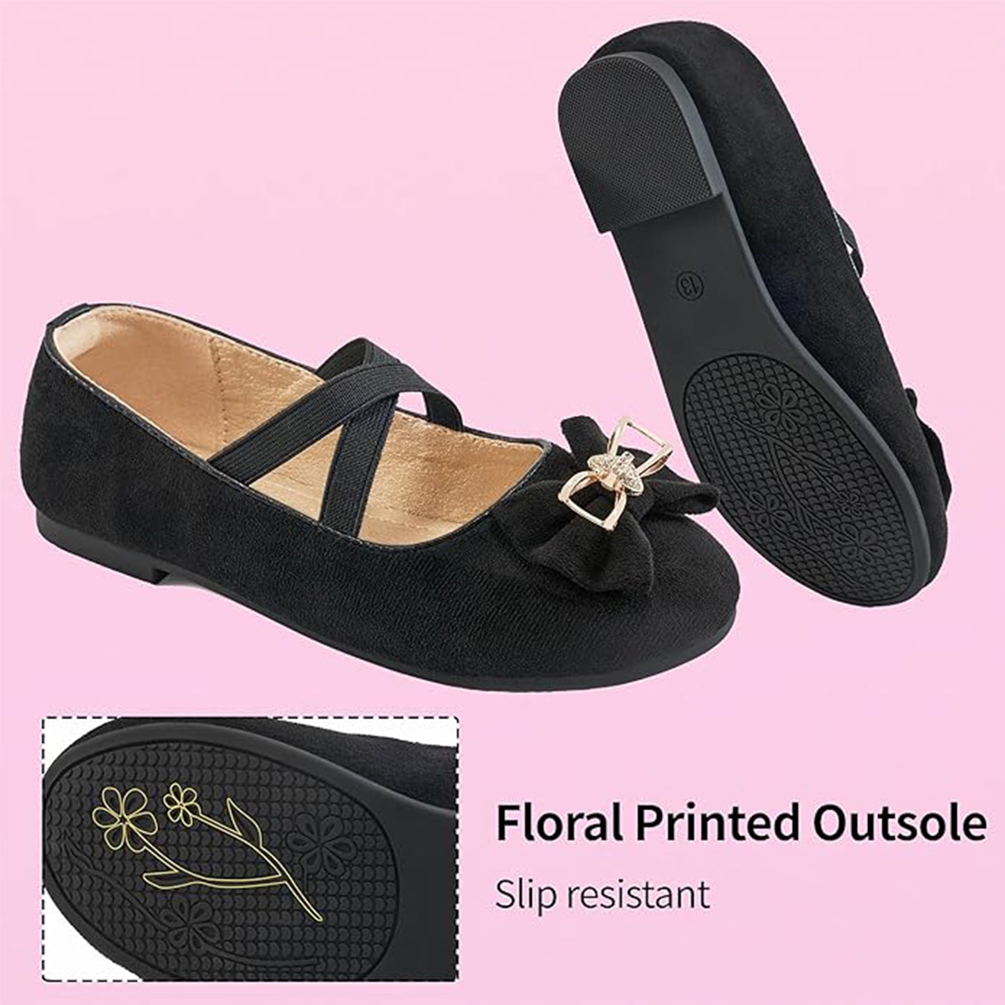 Girls Mary Jane Flats – Black Suede Dress Shoes with Cross Straps and Bow Metal Accent, Comfortable Ballet Flats for Party, Performance, or Daily Wear