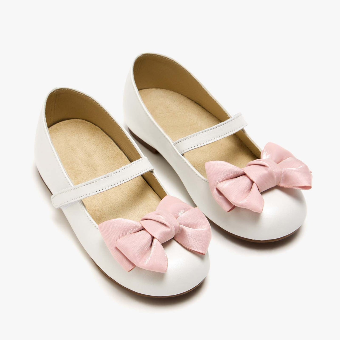 Girls Mary Jane Shoes – White Leather Dress Flats with Pink Bow, Classic Strap Design, Princess Shoes for School, Party, and Daily Wear