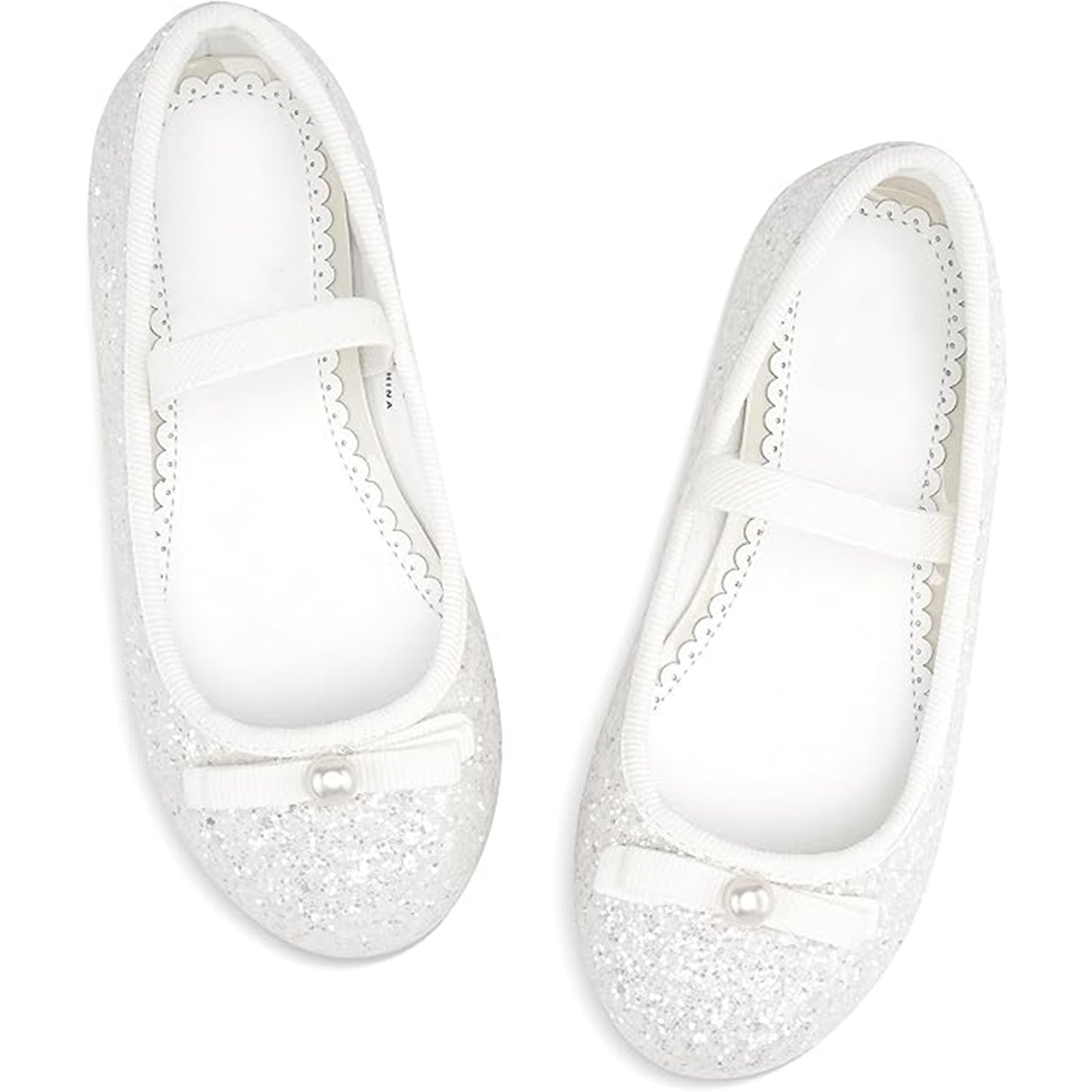 Girls Mary Jane Party Shoes – White Glitter Dress Flats with Pearl Bow, Sparkly Princess Shoes with Buckle Strap for Toddler & Little Kids