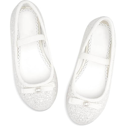 Girls Mary Jane Party Shoes – White Glitter Dress Flats with Pearl Bow, Sparkly Princess Shoes with Buckle Strap for Toddler & Little Kids