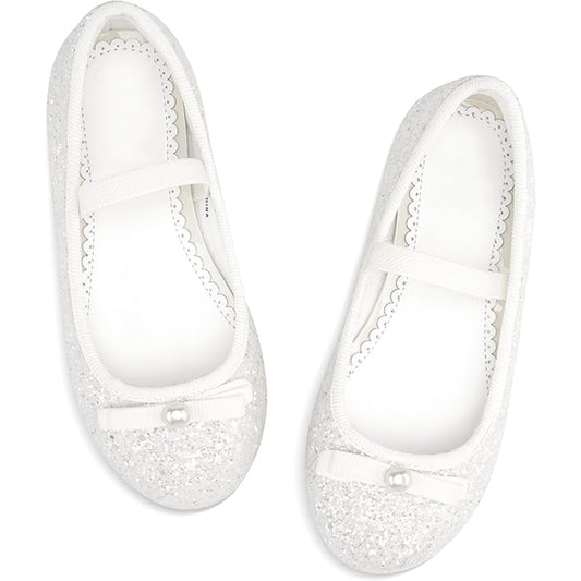 Girls Mary Jane Party Shoes – White Glitter Dress Flats with Pearl Bow, Sparkly Princess Shoes with Buckle Strap for Toddler & Little Kids