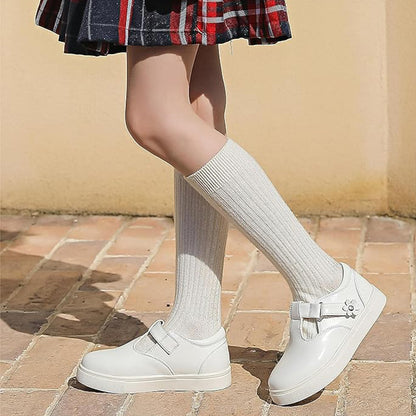 Girls White T-Strap Sneakers – Leather School Shoes with Flower Decoration, Non-Slip Rubber Sole, Casual Dress Shoes for Kids