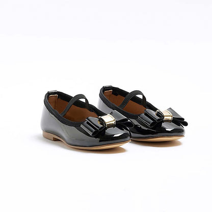 Girls Mary Jane Shoes – Black Patent Leather Dress Flats with Bow & Gold Buckle, Cross Strap Party Shoes for Girls