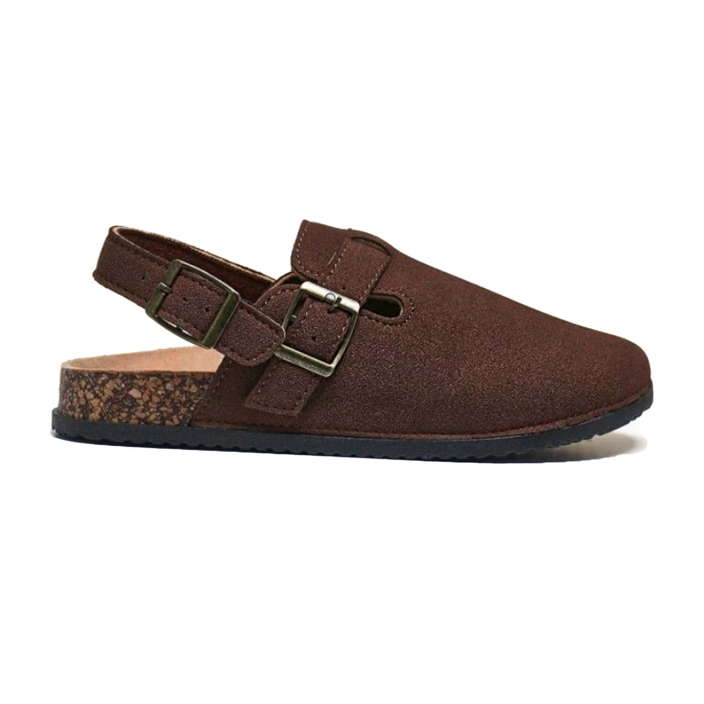 Men’s Closed Toe Birkenstock Style Sandals with Adjustable Double Buckle and Back Strap – Brown Suede Cork Footbed Casual Comfort Shoes