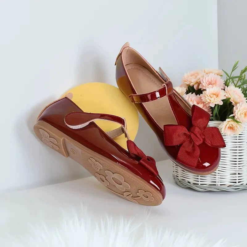Girls Mary Jane Dress Shoes – Burgundy Patent Leather T-Strap Flats with Big Bow, Cute Princess Shoes for Toddler & Little Kids