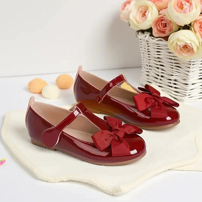 Girls Mary Jane Dress Shoes – Burgundy Patent Leather T-Strap Flats with Big Bow, Cute Princess Shoes for Toddler & Little Kids