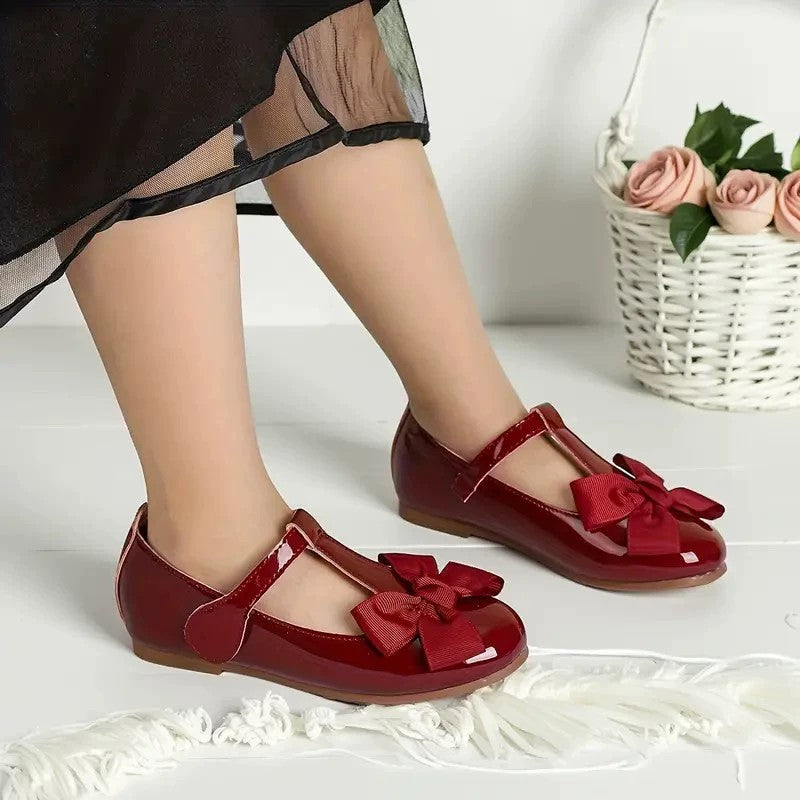 Girls Mary Jane Dress Shoes – Burgundy Patent Leather T-Strap Flats with Big Bow, Cute Princess Shoes for Toddler & Little Kids