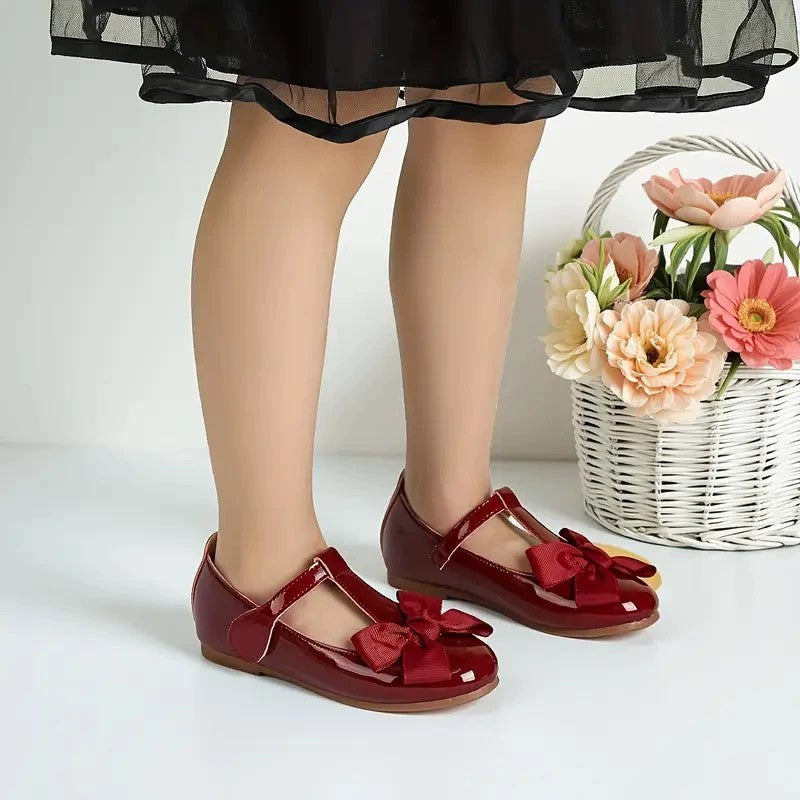 Girls Mary Jane Dress Shoes – Burgundy Patent Leather T-Strap Flats with Big Bow, Cute Princess Shoes for Toddler & Little Kids