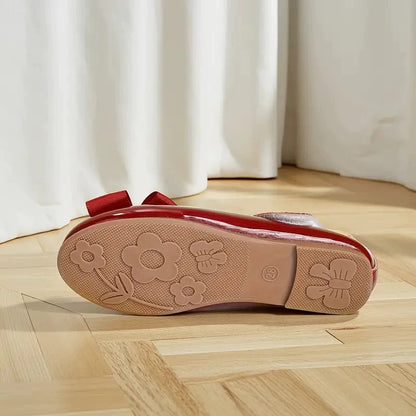 Girls Mary Jane Dress Shoes – Burgundy Patent Leather T-Strap Flats with Big Bow, Cute Princess Shoes for Toddler & Little Kids