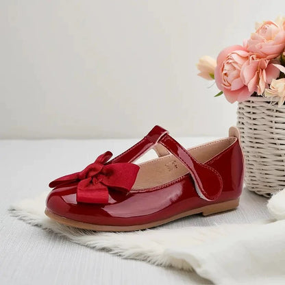 Girls Mary Jane Dress Shoes – Burgundy Patent Leather T-Strap Flats with Big Bow, Cute Princess Shoes for Toddler & Little Kids