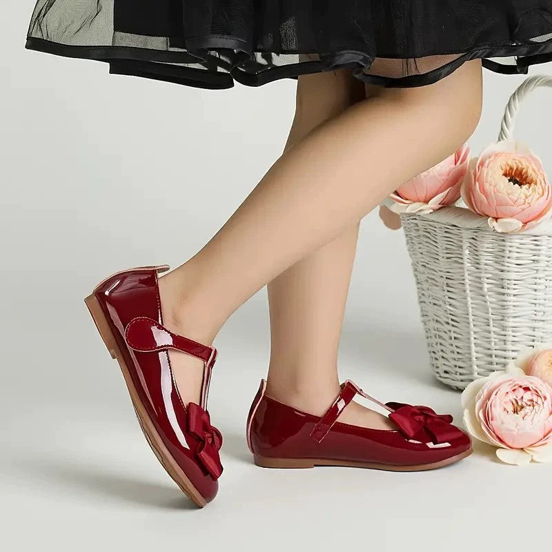 Girls Mary Jane Dress Shoes – Burgundy Patent Leather T-Strap Flats with Big Bow, Cute Princess Shoes for Toddler & Little Kids