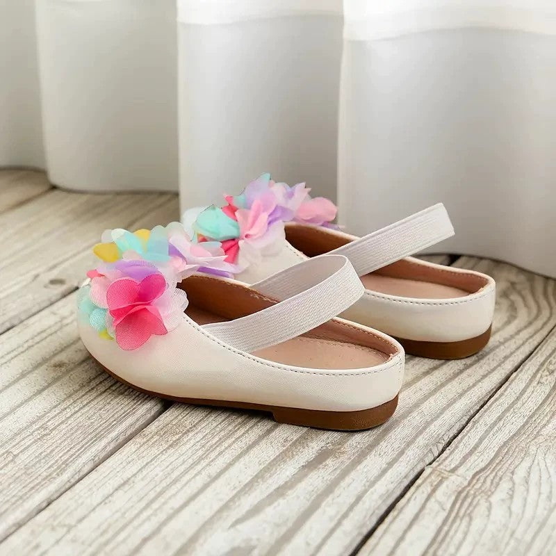 Girls Mary Jane Flats – Ivory Dress Shoes with Colorful Tulle Flower Decoration, Single Strap Princess Shoes for Toddler & Little Kids