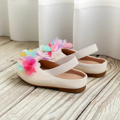 Girls Mary Jane Flats – Ivory Dress Shoes with Colorful Tulle Flower Decoration, Single Strap Princess Shoes for Toddler & Little Kids