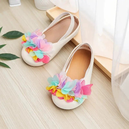 Girls Mary Jane Flats – Ivory Dress Shoes with Colorful Tulle Flower Decoration, Single Strap Princess Shoes for Toddler & Little Kids