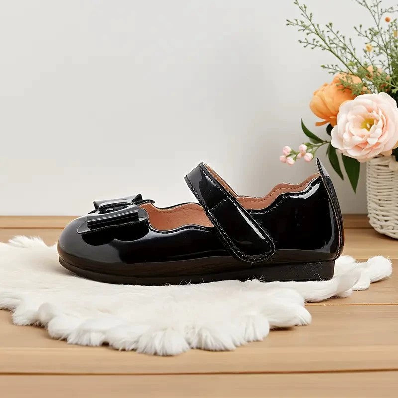 Girls Mary Jane Dress Shoes – Shiny Black Flats with Bow, Single Strap Princess Shoes for Toddler & Little Kids