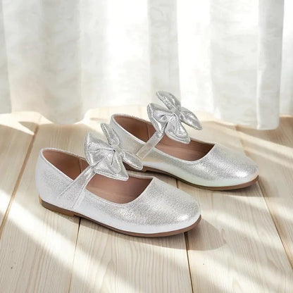 Girls Mary Jane Dress Shoes – Shiny Silver Flats with Big Bow, Single Strap Princess Shoes for Toddler & Little Kids