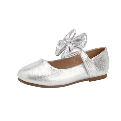 Girls Mary Jane Dress Shoes – Shiny Silver Flats with Big Bow, Single Strap Princess Shoes for Toddler & Little Kids