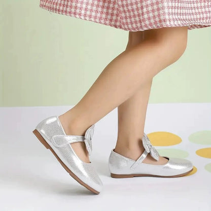 Girls Mary Jane Dress Shoes – Shiny Silver Flats with Big Bow, Single Strap Princess Shoes for Toddler & Little Kids