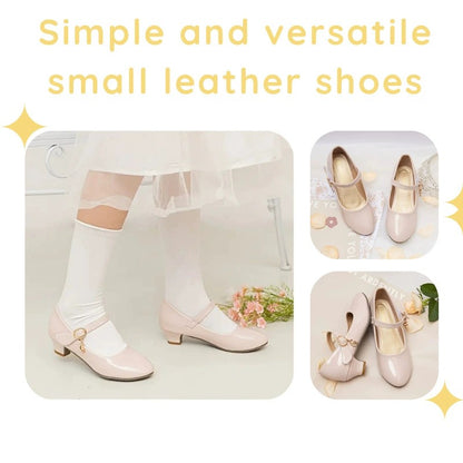 Girls Mary Jane Dress Shoes with Low Heels – Shiny Ivory White Patent Leather, Gold Star & Moon Charm, Elegant Princess Shoes for Weddings, Parties, Performances