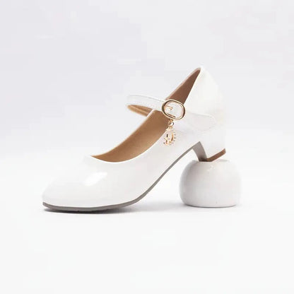 Girls Mary Jane Dress Shoes with Low Heels – Shiny Ivory White Patent Leather, Gold Star & Moon Charm, Elegant Princess Shoes for Weddings, Parties, Performances