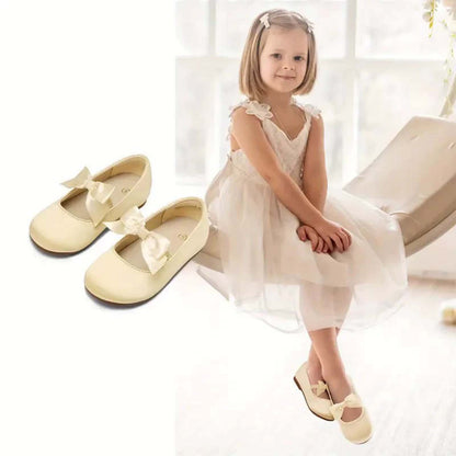 Girls Mary Jane Dress Shoes – Ivory White Leather with Bow Strap, Cute Princess Flats for Daily Wear, Parties, School, Weddings