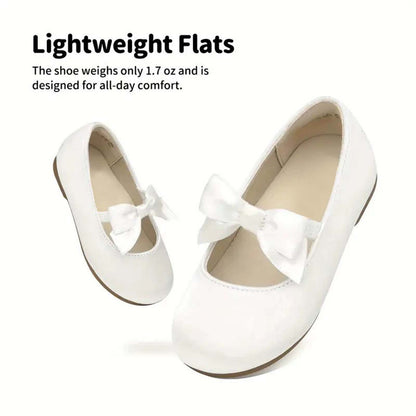 Girls Mary Jane Dress Shoes – Ivory White Leather with Bow Strap, Cute Princess Flats for Daily Wear, Parties, School, Weddings