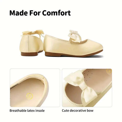 Girls Mary Jane Dress Shoes – Ivory White Leather with Bow Strap, Cute Princess Flats for Daily Wear, Parties, School, Weddings